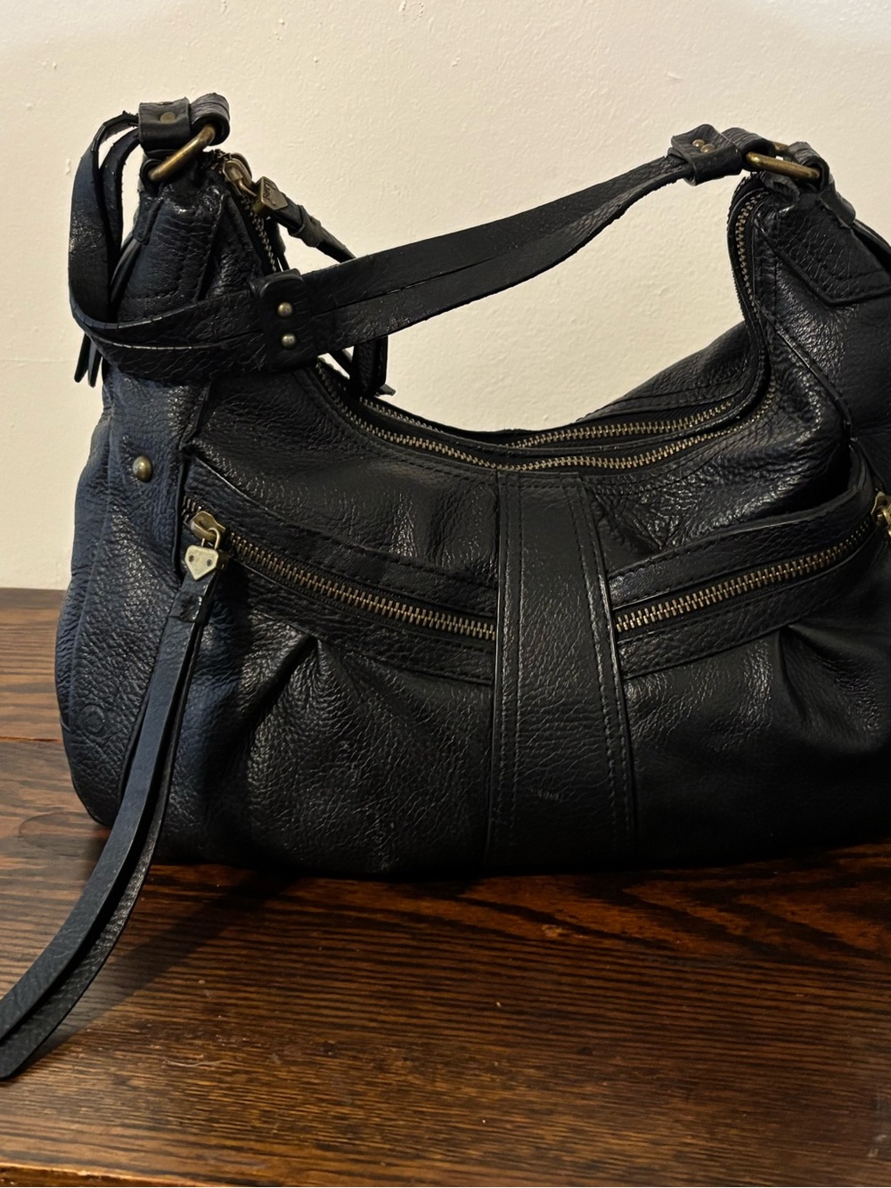 Born Black Pebbled Leather Hobo Shoulder Bag with Gold Hardware